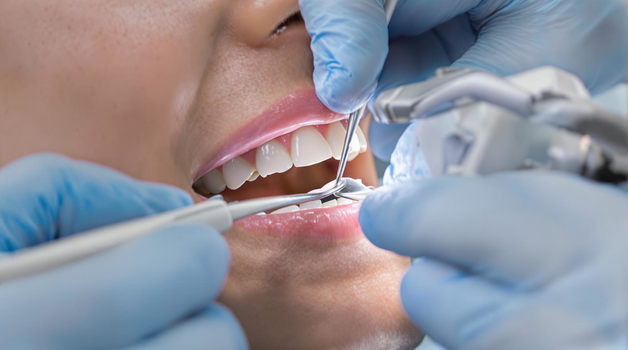 Dental exam with gloved hands and tools.