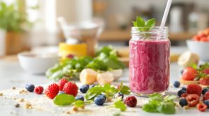 Berry smoothie with fresh berries and mint.