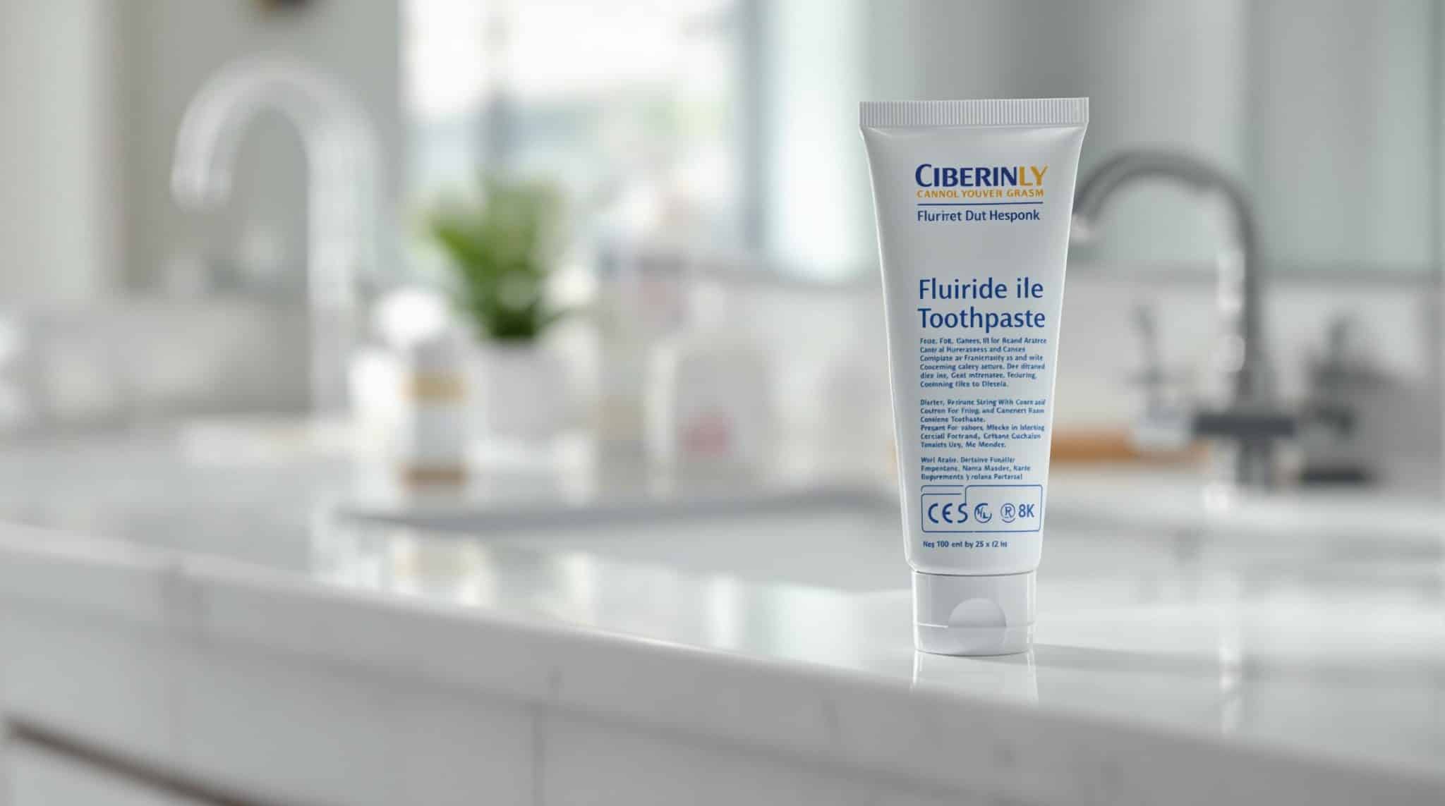 Tube de dentifrice CIBERINLY sur un lavabo.