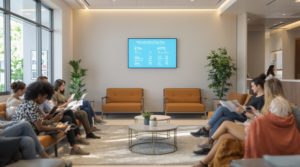 Waiting room with people and dental prices on screen.