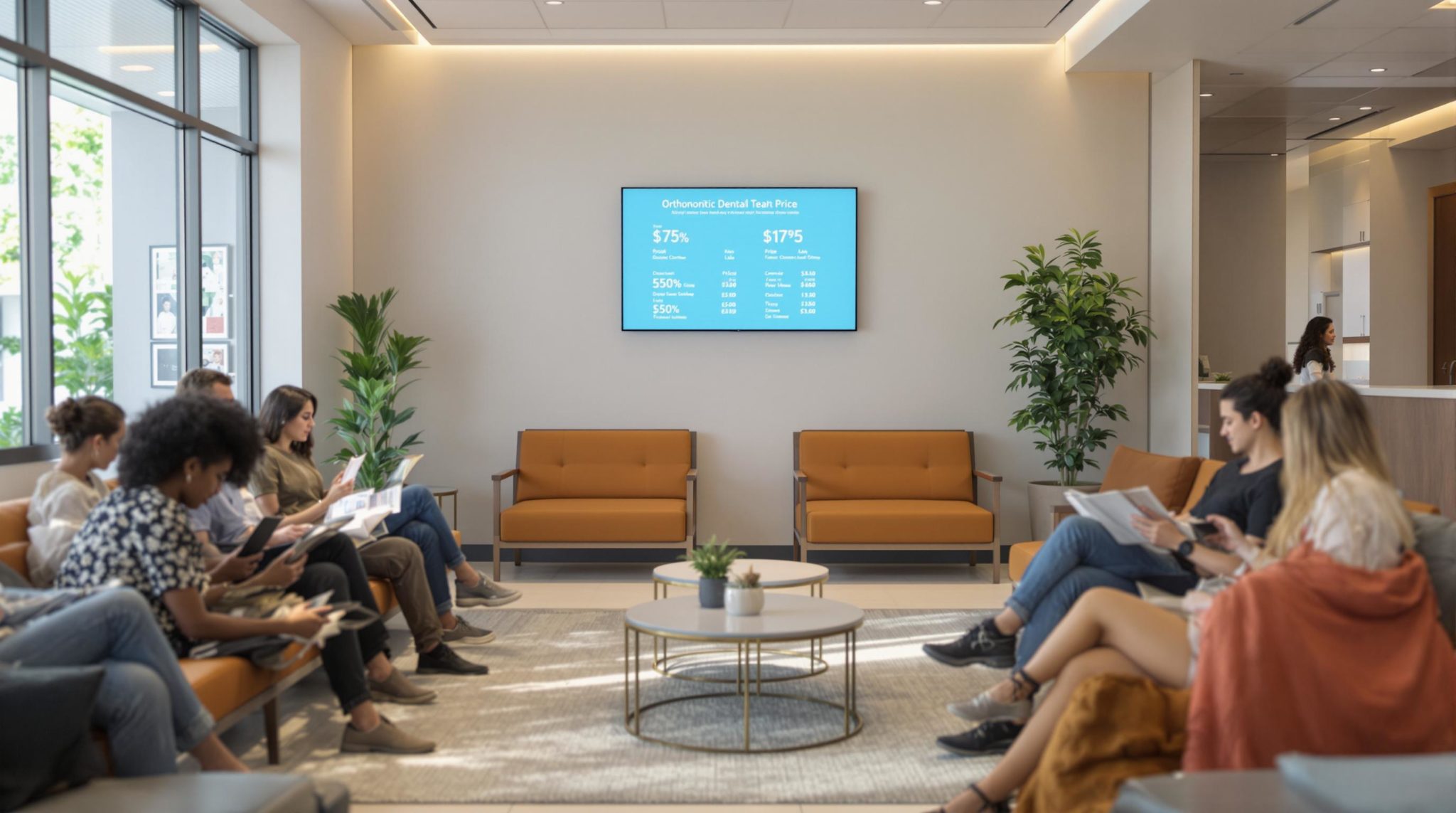 Waiting room with people and dental prices on screen.