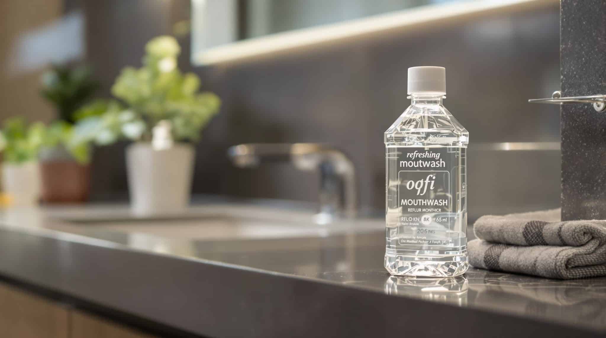 Oqfi refreshing mouthwash on a bathroom counter.