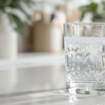 Glass of sparkling water on a counter.
