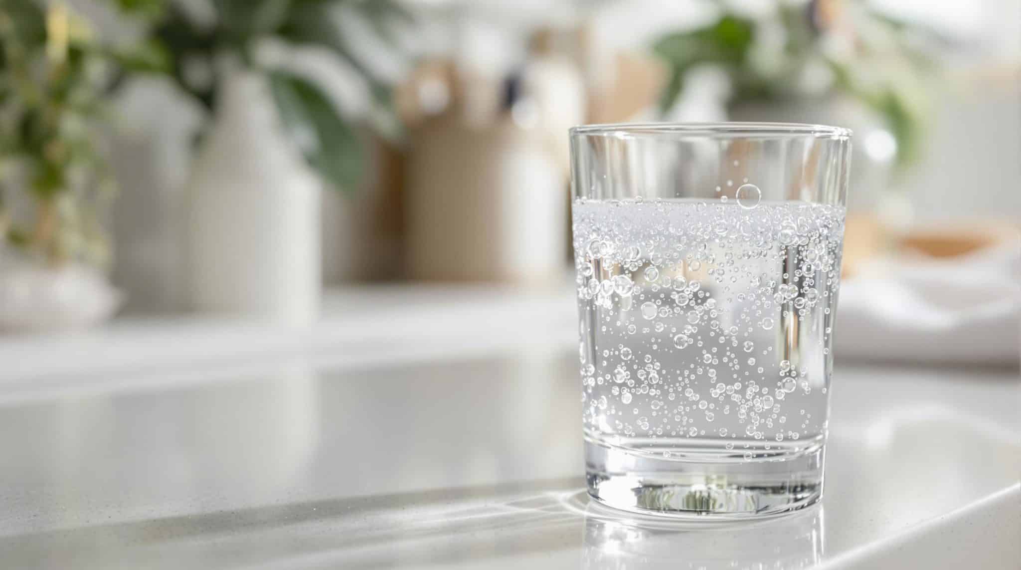 Glass of sparkling water on a counter.