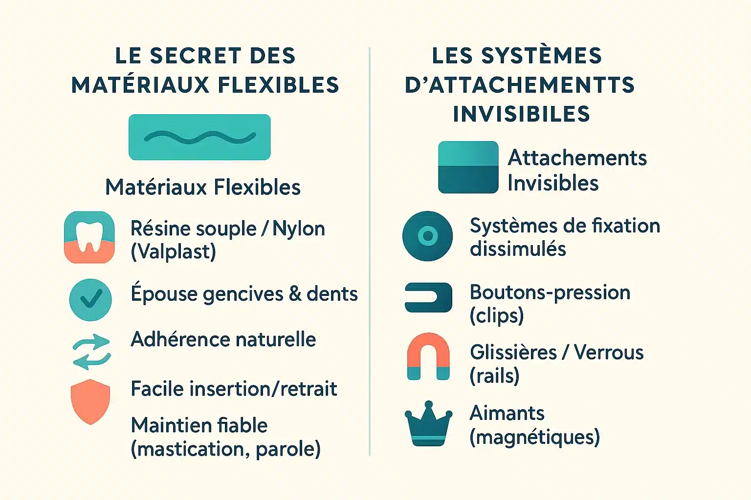 Schéma de prothèse amovible sans crochets avec matériaux flexibles et systèmes d'attache invisibles