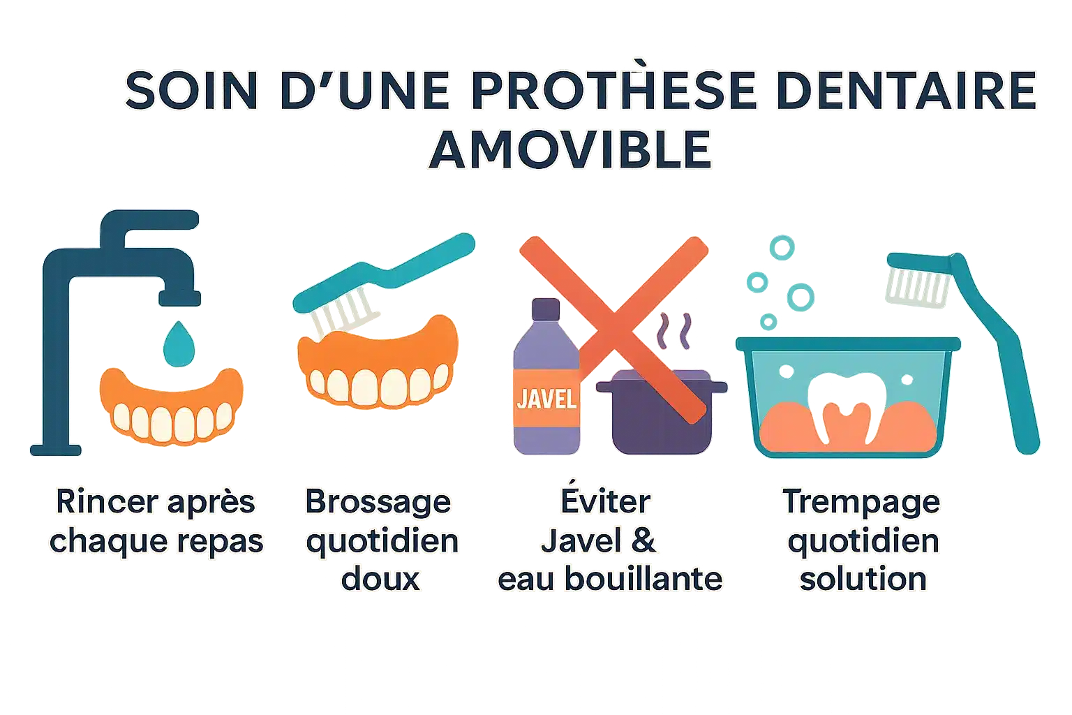 Illustration des étapes d'entretien d'une prothèse dentaire amovible partielle sans crochet