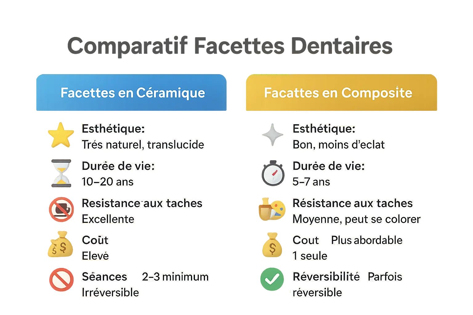 Comparaison avant/après facettes dentaires en céramique et composite