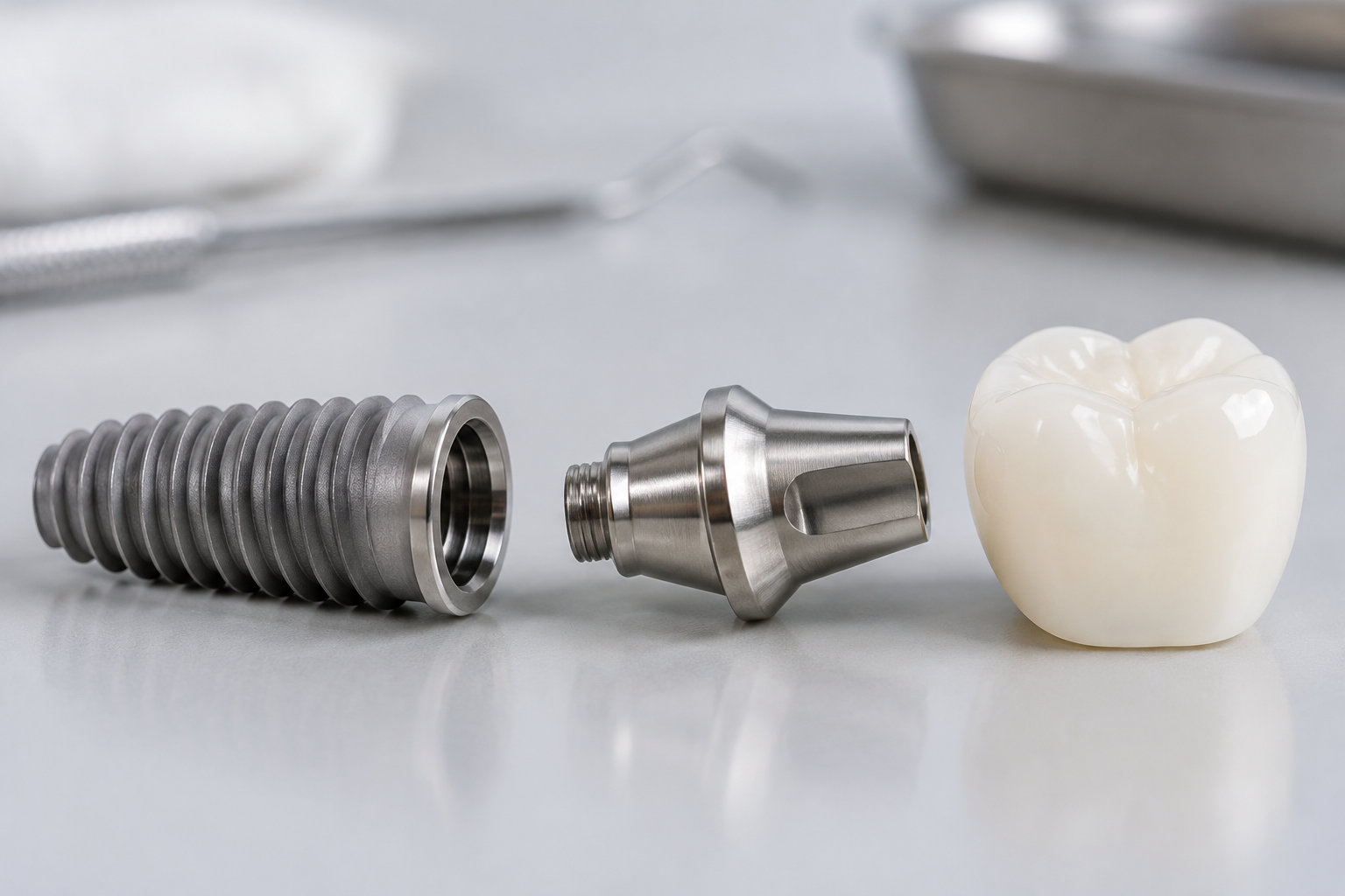 Un implant dentaire métallique, une pièce de raccordement et une couronne en céramique sont alignés sur une surface claire.